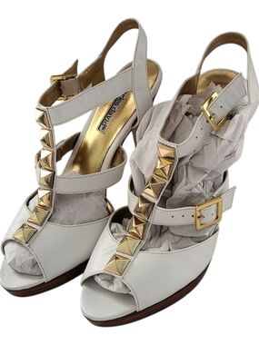 Charles David White Peep-Toe T-Strap Heels with Gold Studs